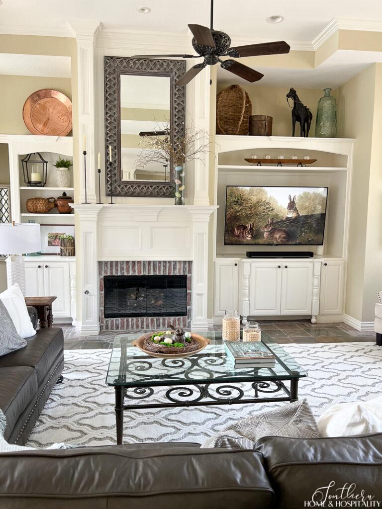 Family room decorated for spring and Easter with neutral colors