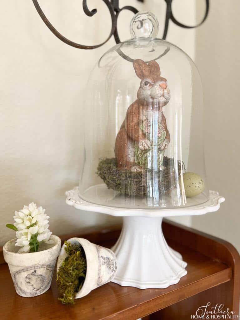 Bunny, nest, and egg in cloche
