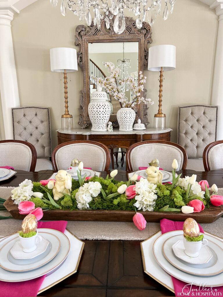 Easter table with pink and green 