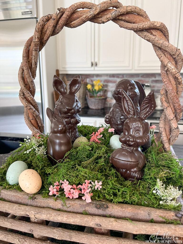 Centerpiece basket with faux chocolate Easter bunnies