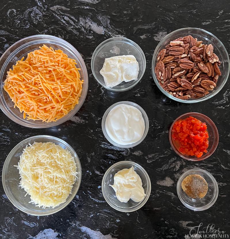 Ingredients to make a southern pimento cheese ball