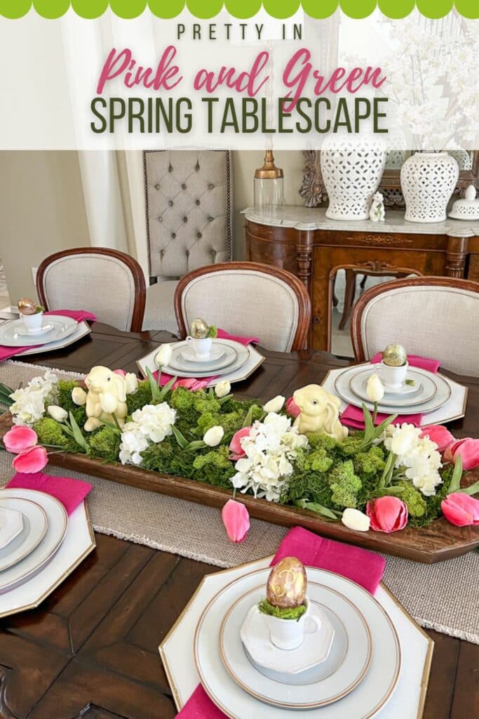 Pink and green spring tablescape Pinterest graphic