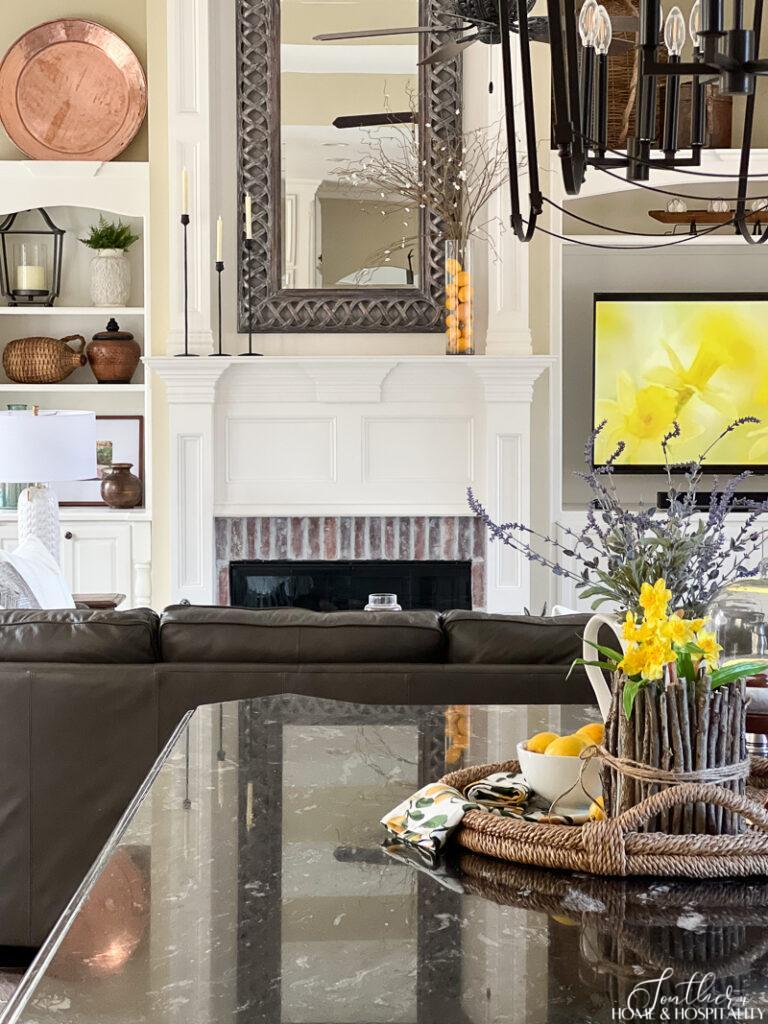 Lemon spring decor on kitchen counter and mantel