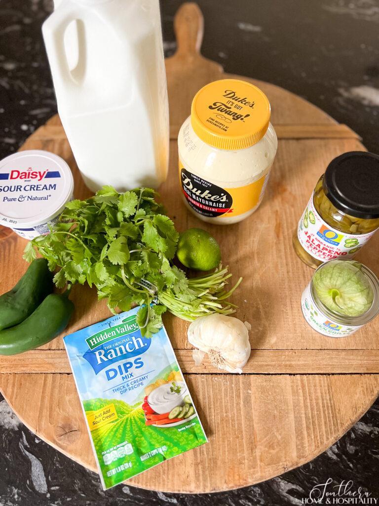 Ingredients for copycat Chuys creamy jalapeno ranch sauce