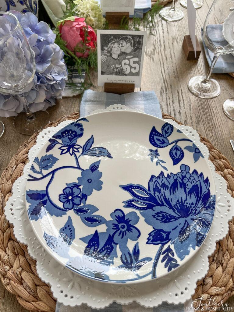 Mother's Day place setting with blue and white plate and photo place card
