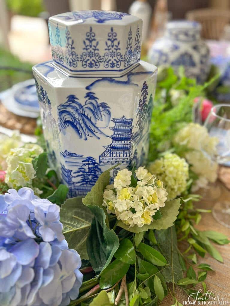 Blue and white chinoiserie jar and hydrangeas