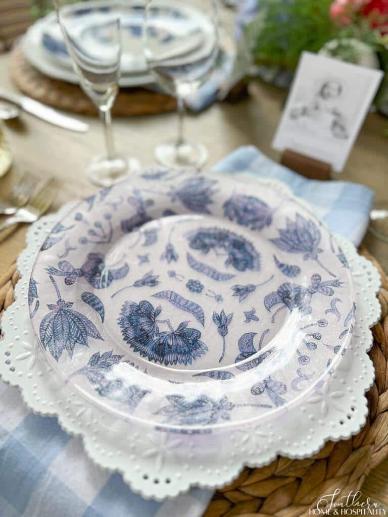 Blue and white chinoiserie glass plate with napkin decoupage