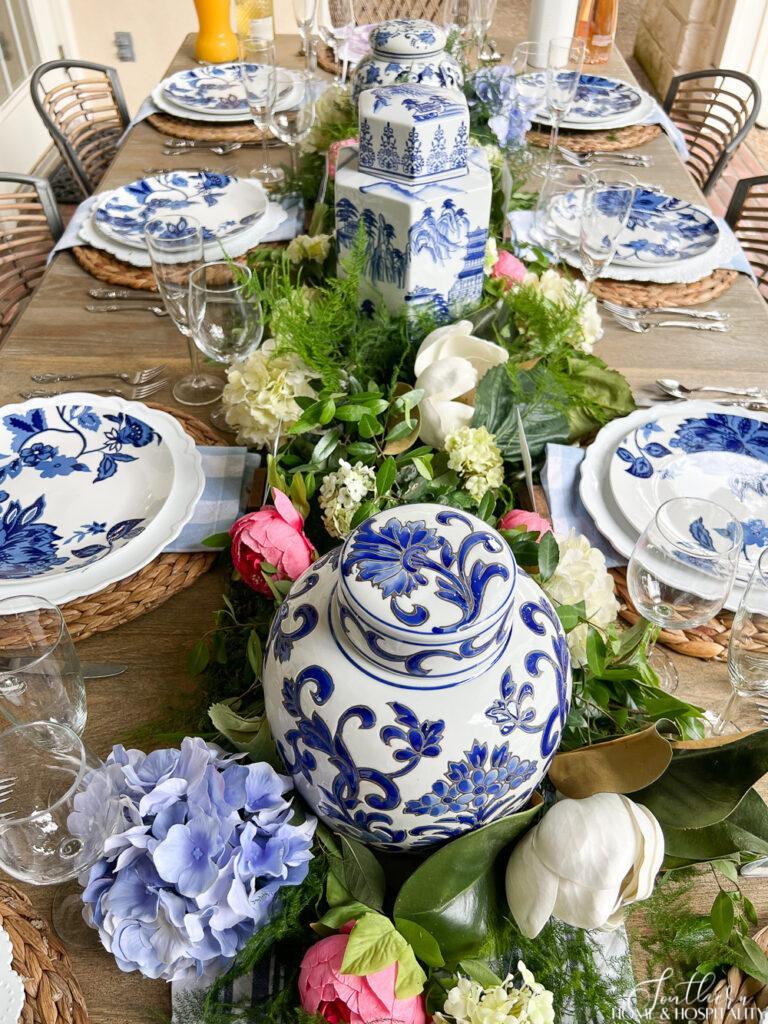Blue and white tablescape with ginger jars