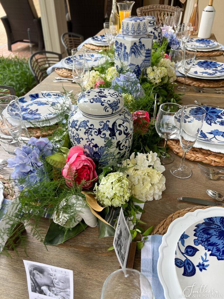 Mothers Day al fresco table setting with blue and white