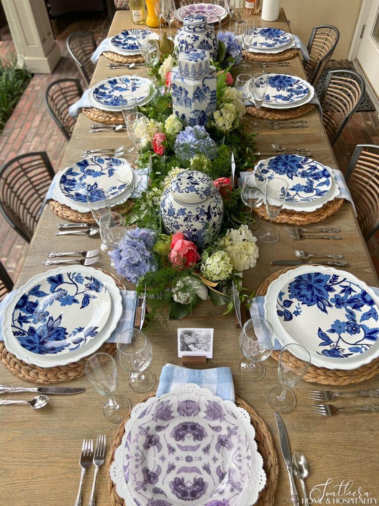 Blue and white outdoor tablescape