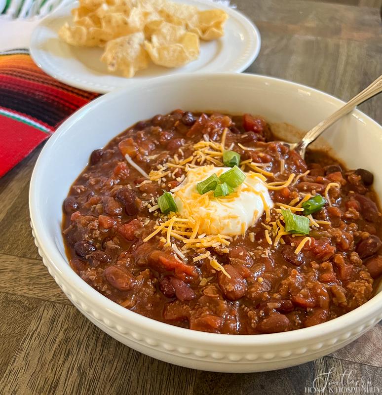 Taco soup in white beaded everyday dishes
