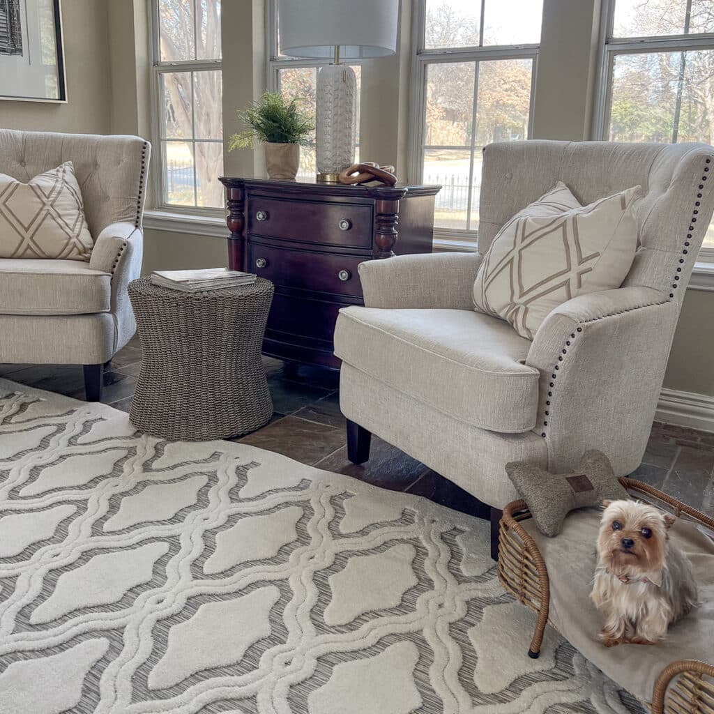 Neutral side chairs and area rug, dog bed