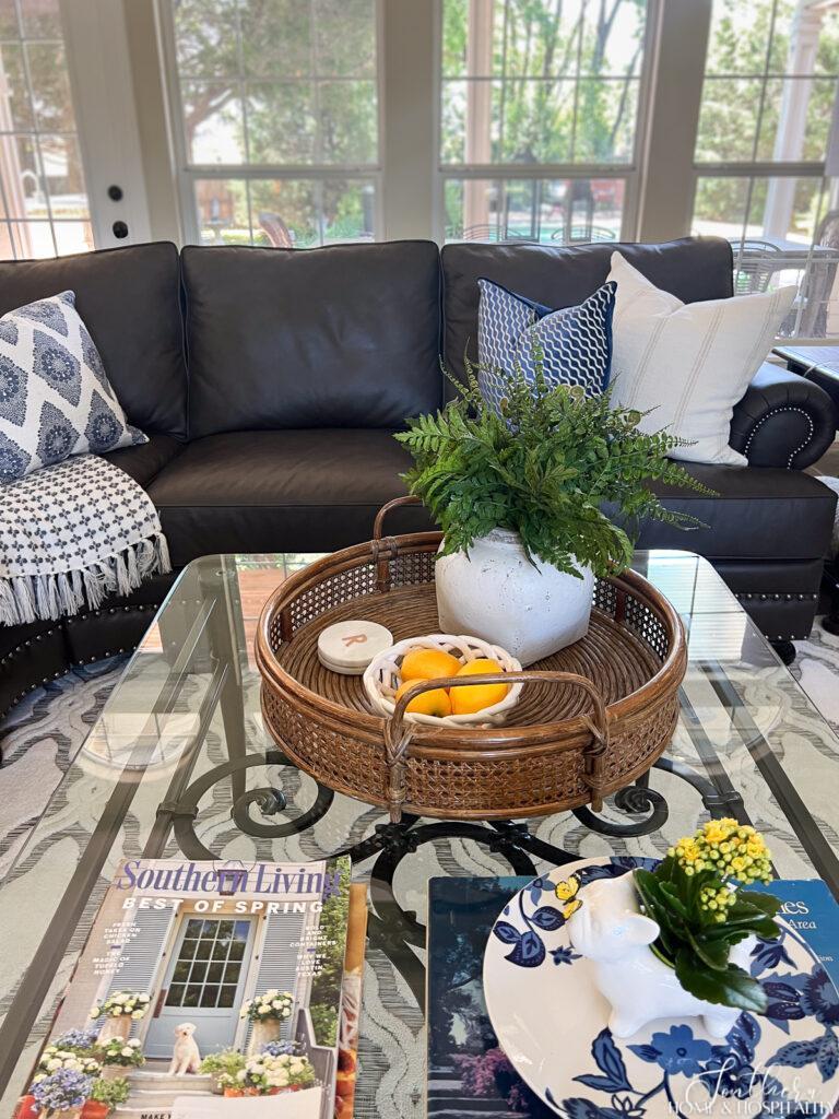 Summer coffee table decor with blue and white with yellow