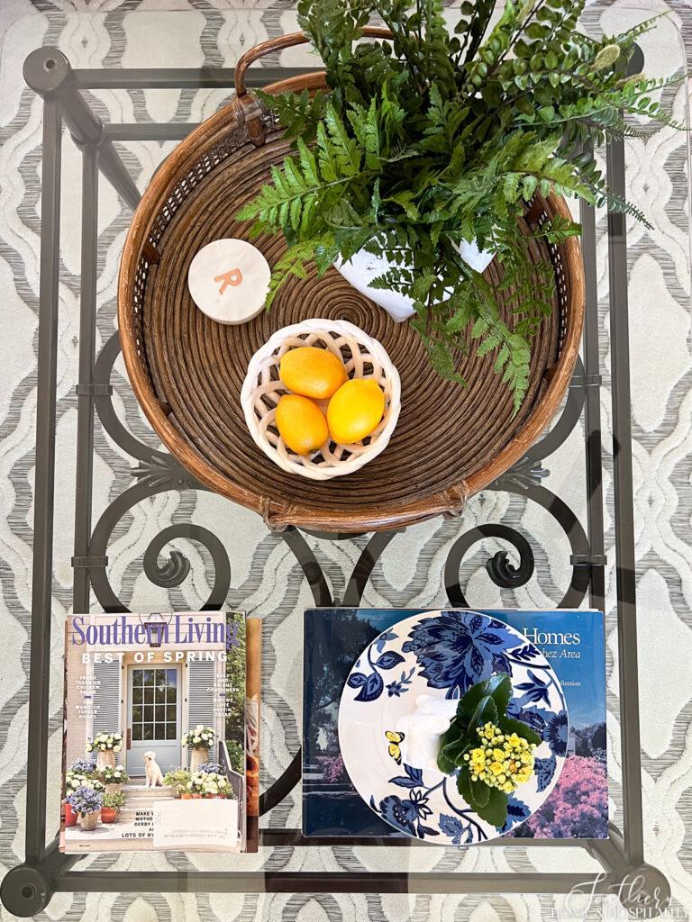 Summer coffee table styling with lemons, blue and yellow