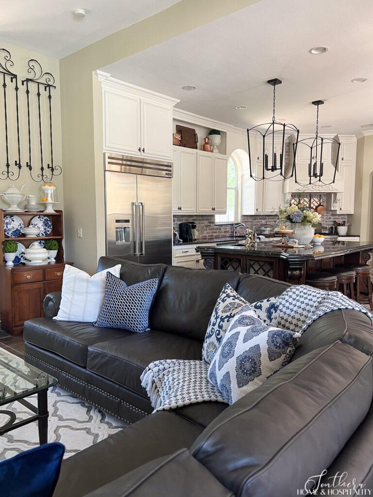 Family room and kitchen with blue, white, and yellow summer decor