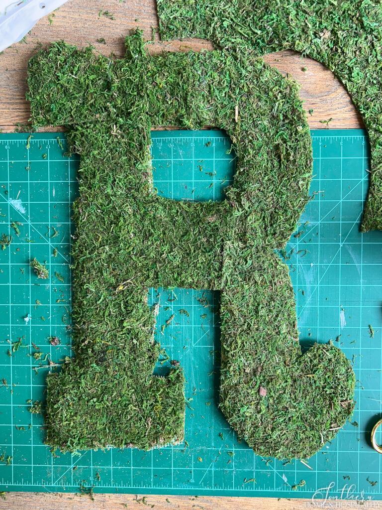 diy moss letter with moss glued on front