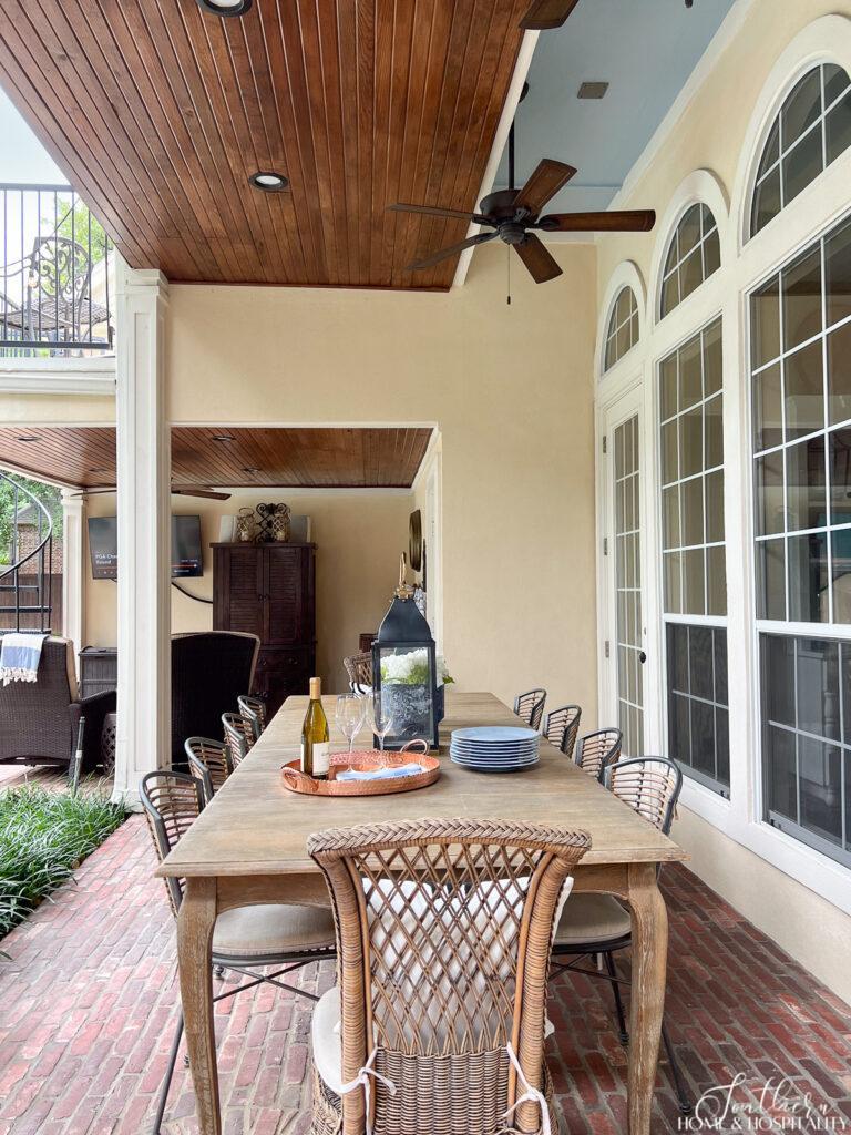 Outdoor fans on beadboard and blue porch ceiling