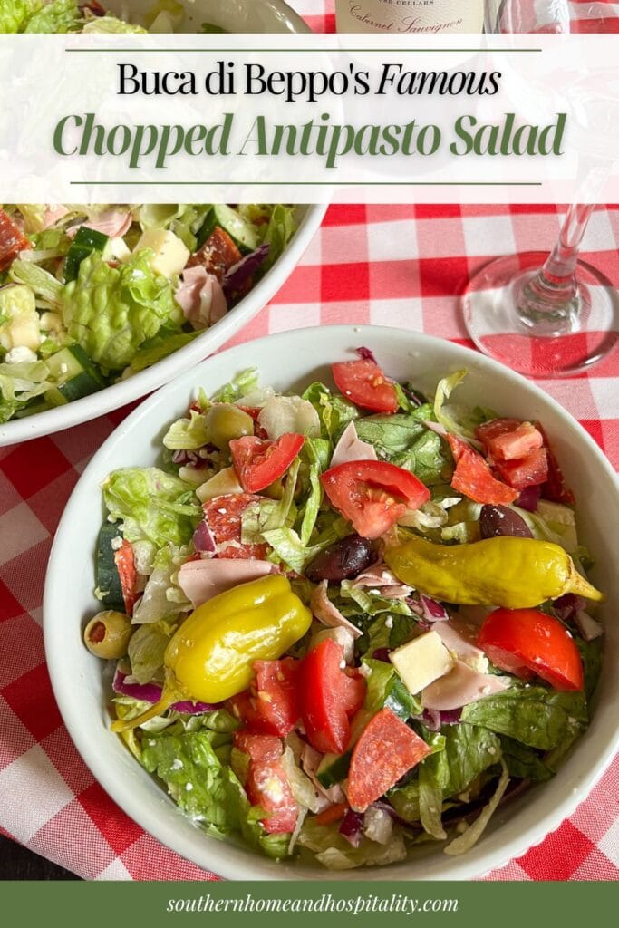 Easy chopped antipasto salad recipe inspired by Buca di Beppo with Italian meats, cheeses, olives, tomatoes, cucumbers, and Italian dressing