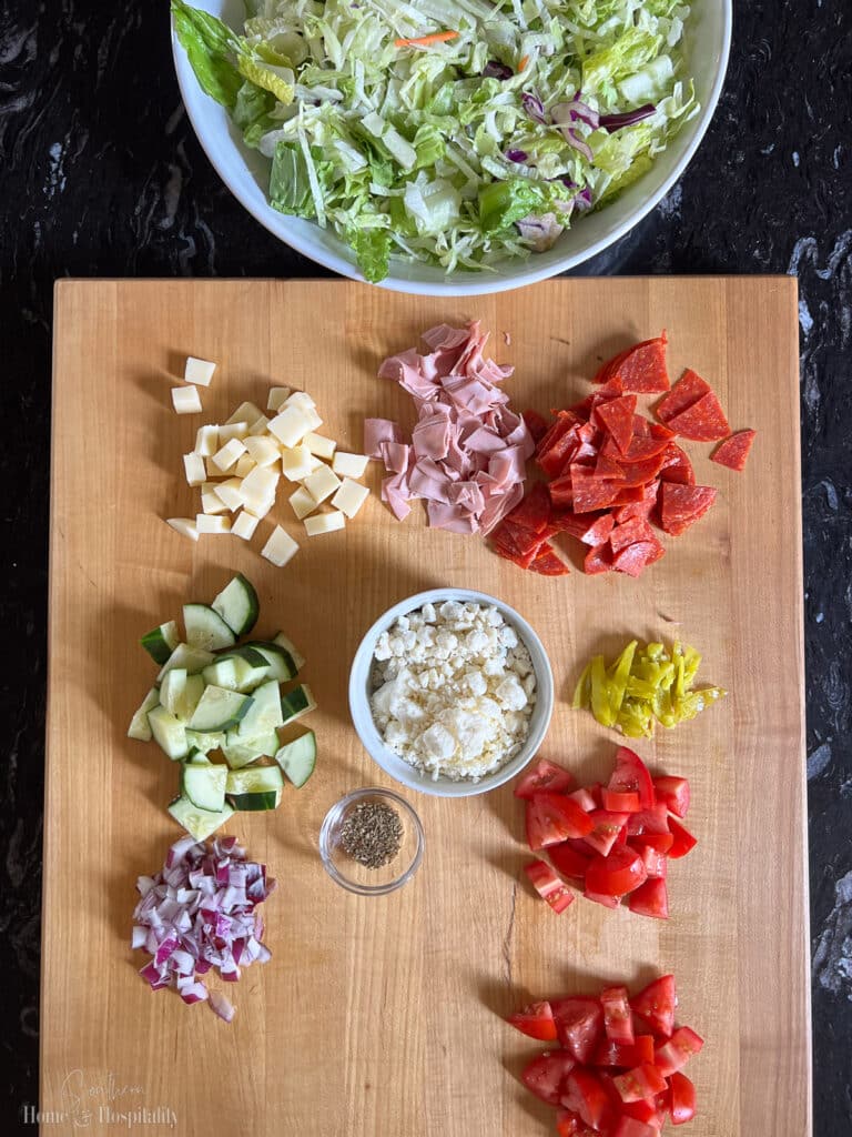Chopped ingredients for antipasto salad