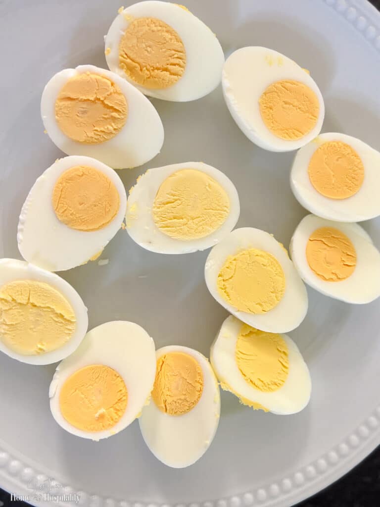 Hard boiled eggs sliced lengthwise