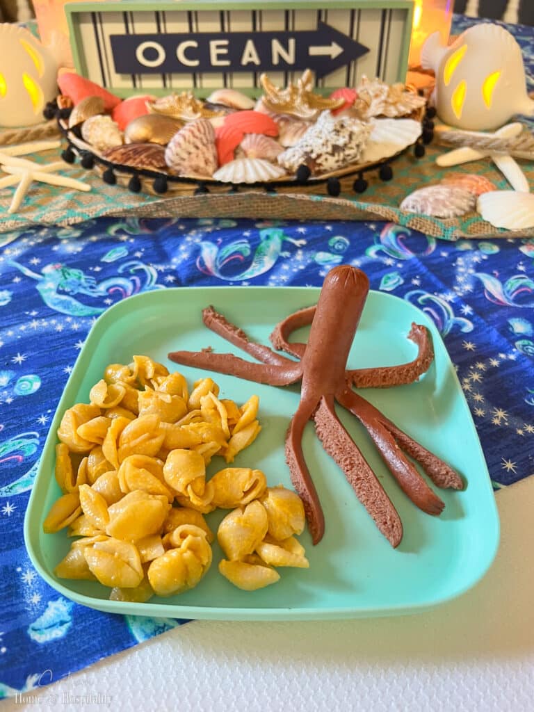 Octopus hot dog and shells and cheese