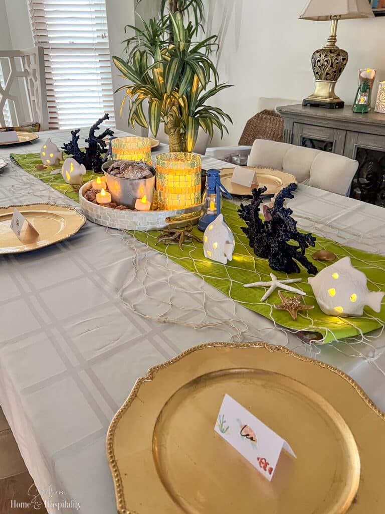 Finding Nemo tablescape with shells, starfish, and coral