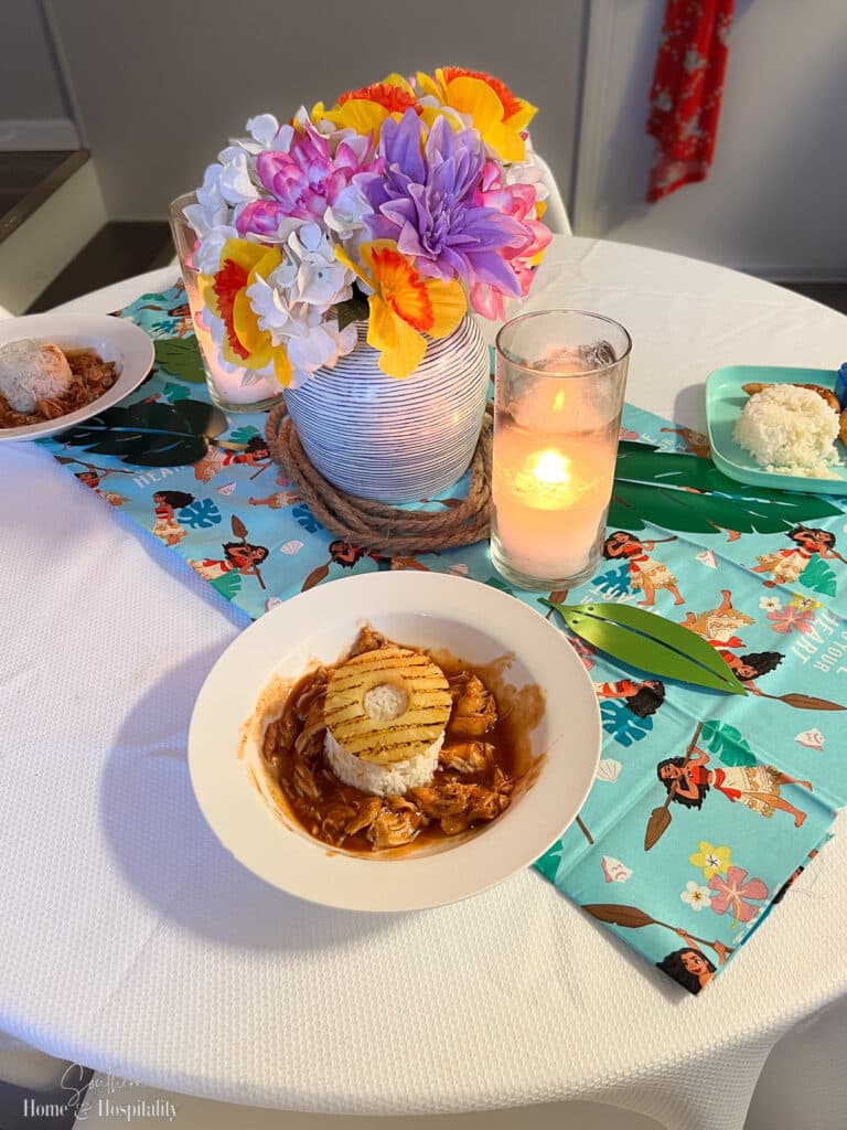 Hawaiian chicken on Moana dinner table