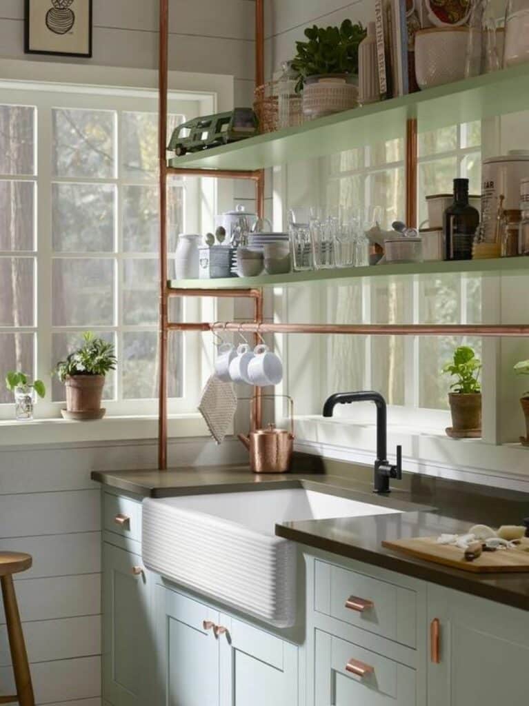 Kitchen bistro shelving with copper pipes