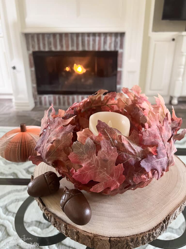 DIY fall leaf bowl with faux red oak leaves
