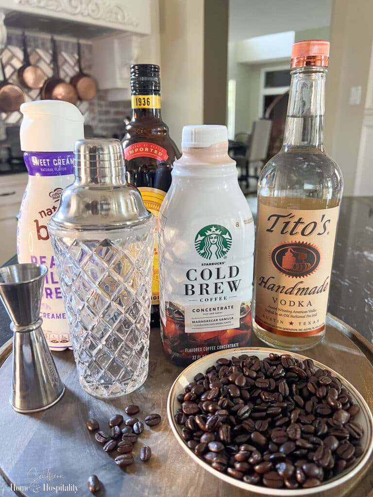 Ingredients to make a cold brew coffee martini