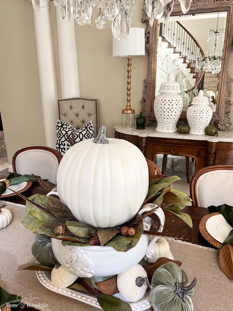 Green, brown, and white fall dining table centerpiece