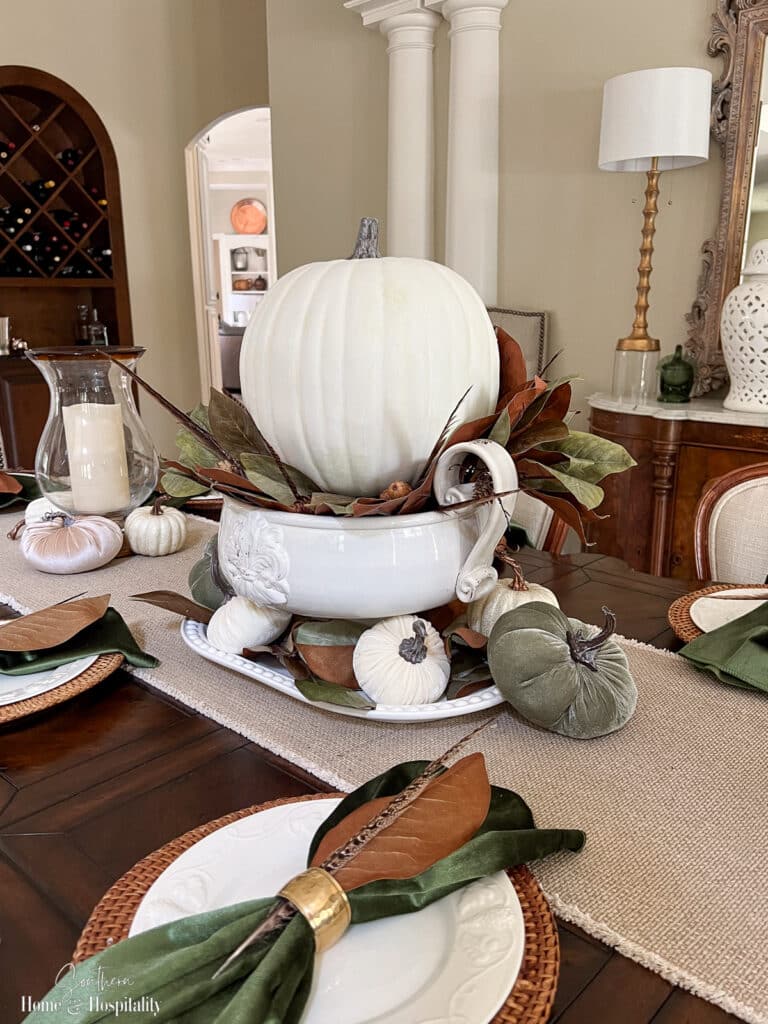 Fall tablescape with magnolia leaves