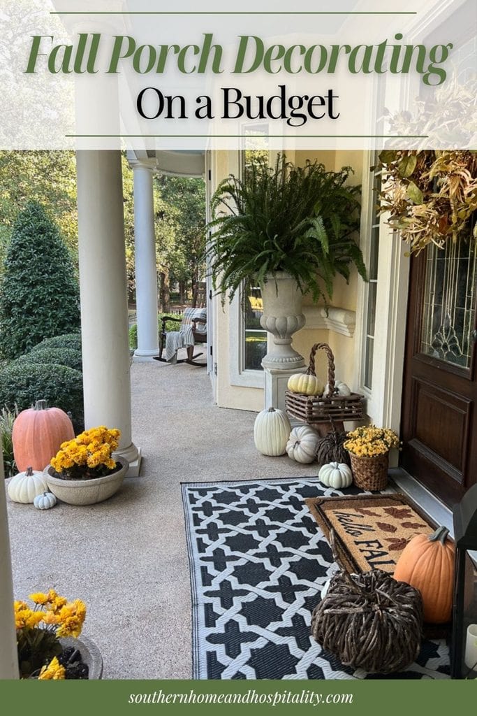 Fall front porch decorated with pumpkins, mums, wreaths, and layered doormats for budget-friendly autumn curb appeal.