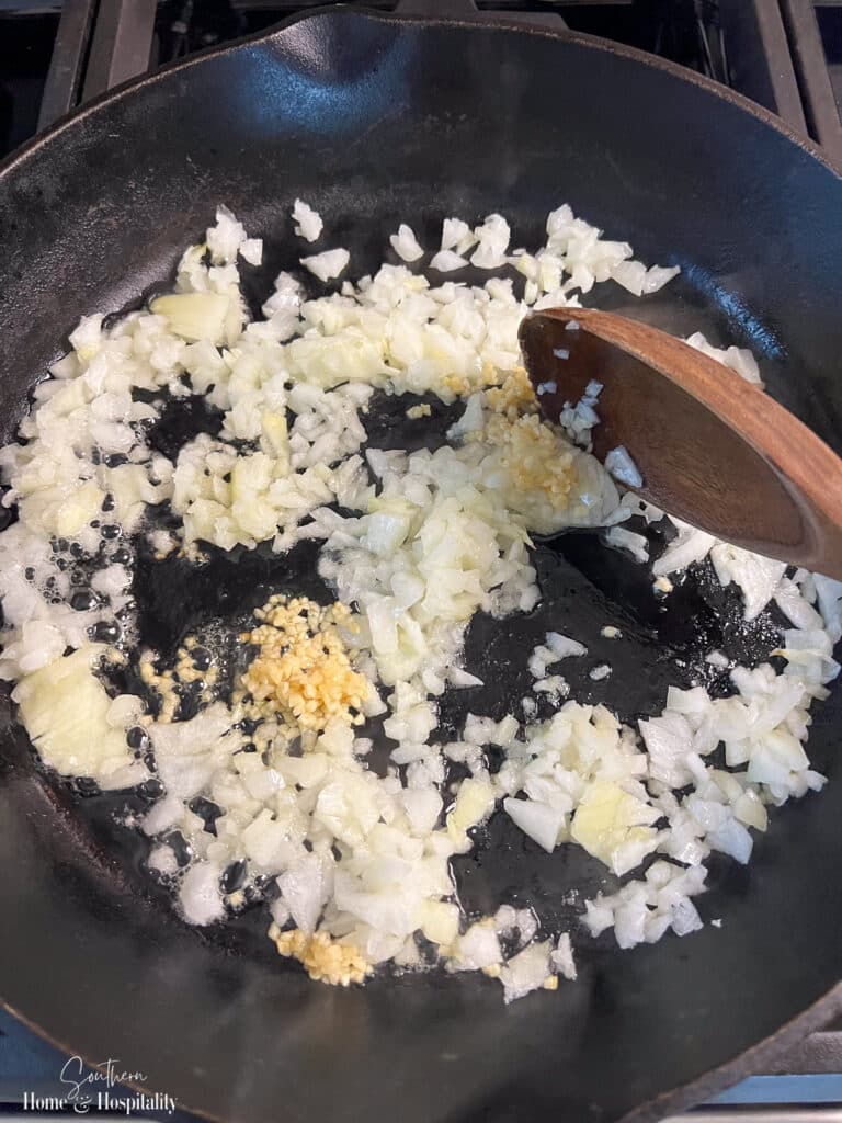 cooking onions and garlic for sheppards pie