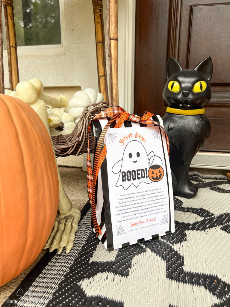 Halloween boo bag on front porch