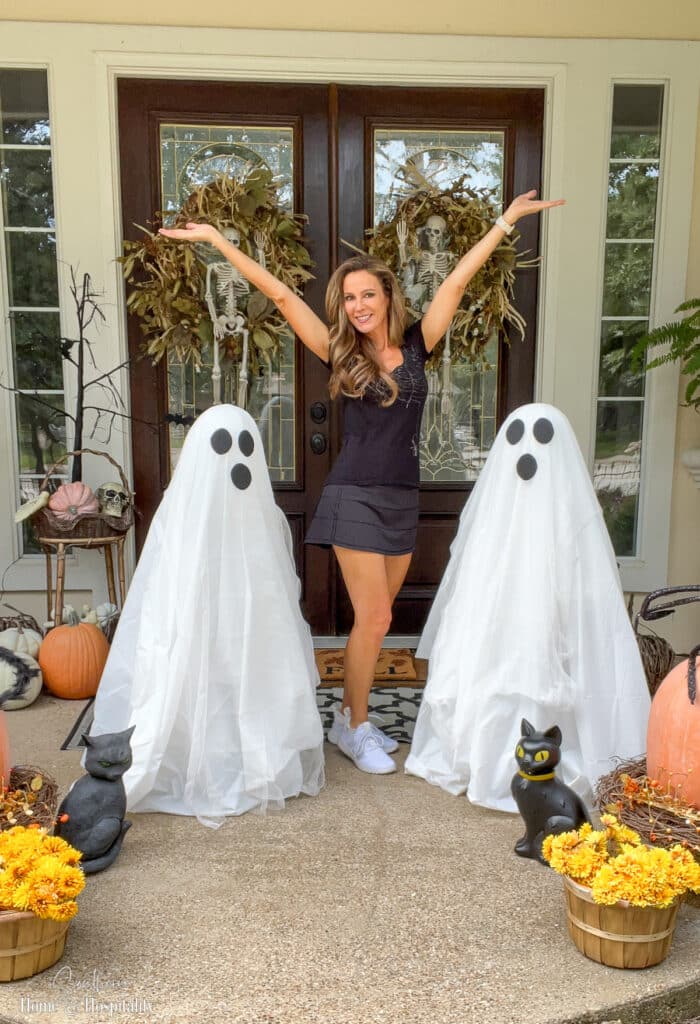 Tomato cage ghosts on Halloween front porch, Kate Rodgers of Southern Home and Hospitality