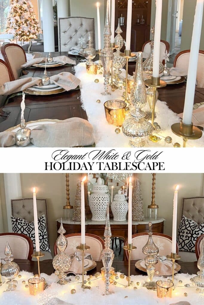 Elegant White and Gold Holiday Tablescape Pinterest graphic