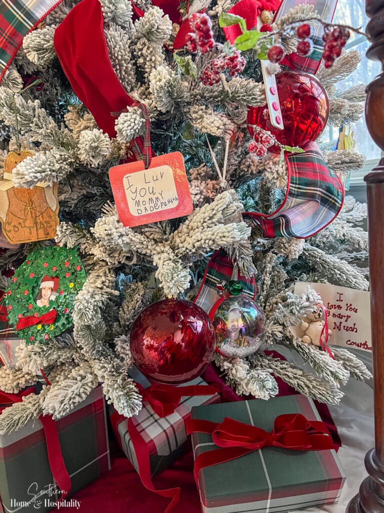 Handmade sentimental ornaments on Christmas tree