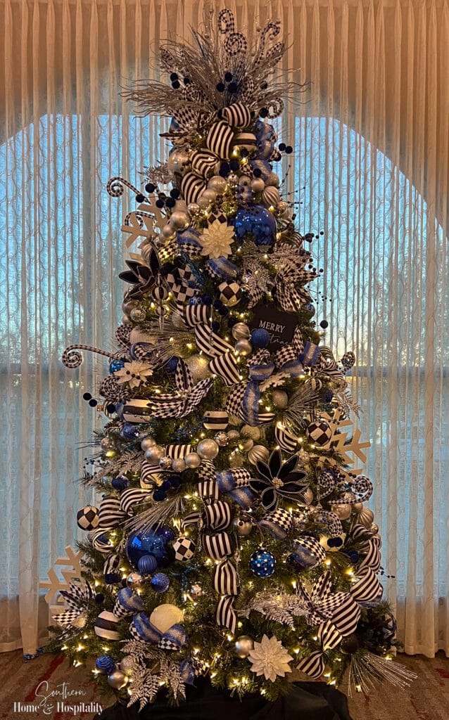 Blue, black, and white Christmas tree decor