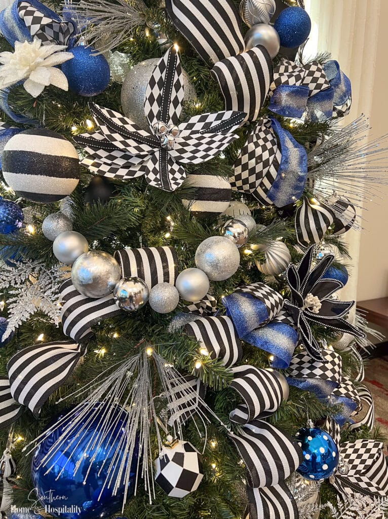 Silver spray picks on Christmas tree