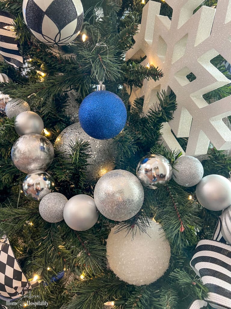 Silver ball garland on Christmas tree
