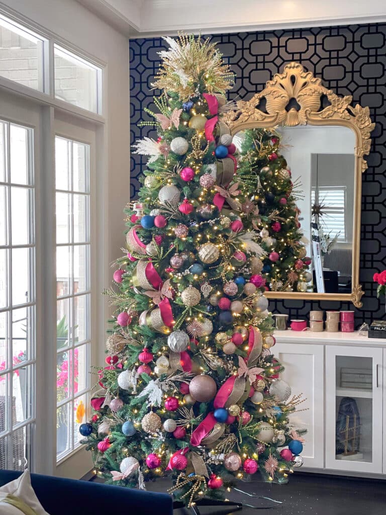 Hot pink and blue Christmas tree decor