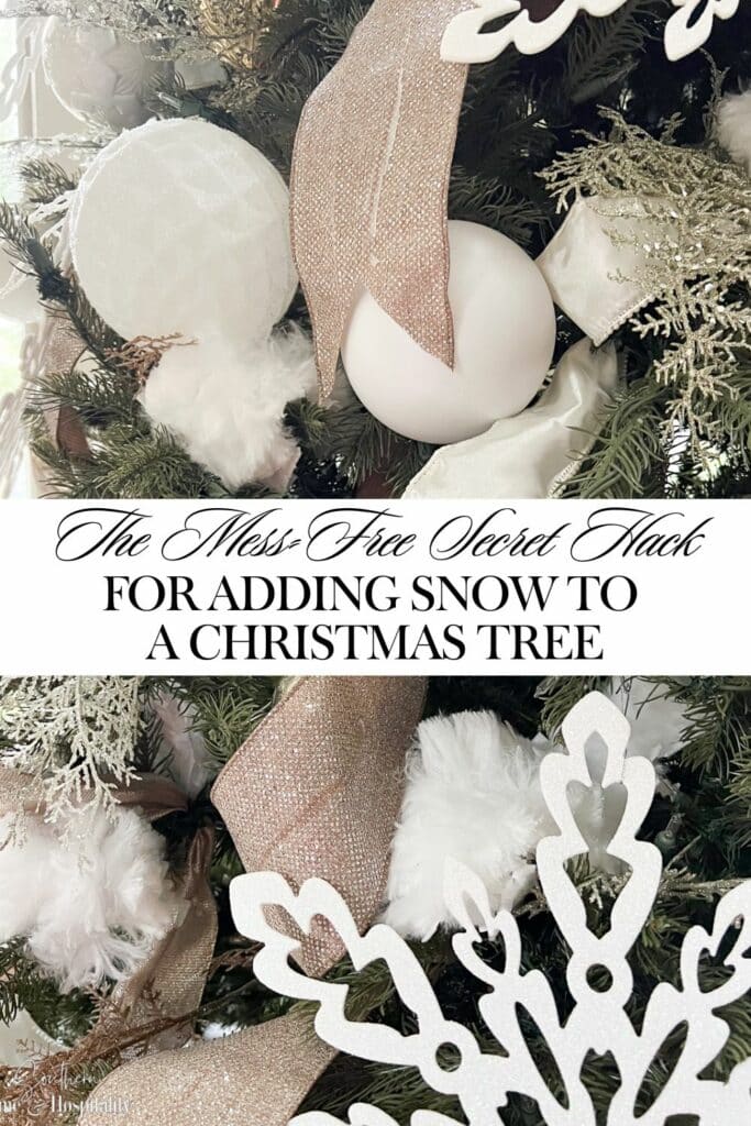 Mess Free Secret Hack for Adding Snow to a Christmas Tree Pinterest graphic