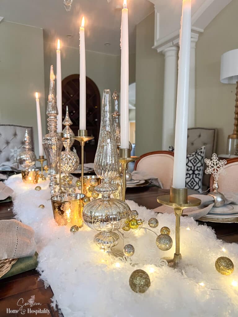 Mercury glass finials in gold and white holiday centerpiece