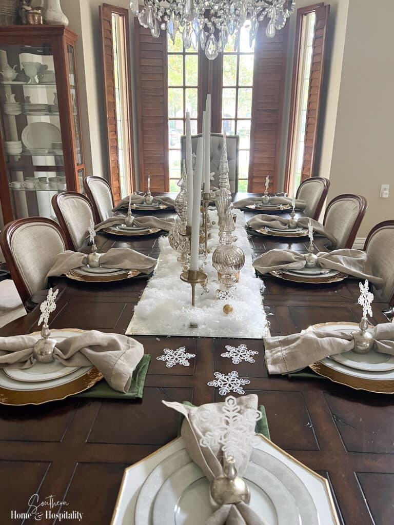 Snowflake theme white and gold holiday table