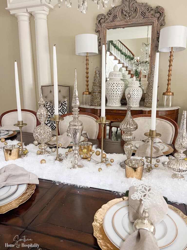 Gold and white holiday dining room decor