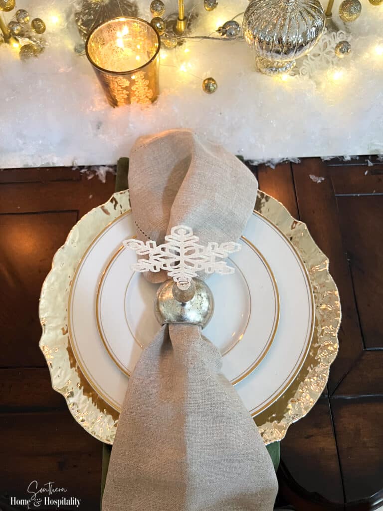 Snowflake gold and white Christmas place setting