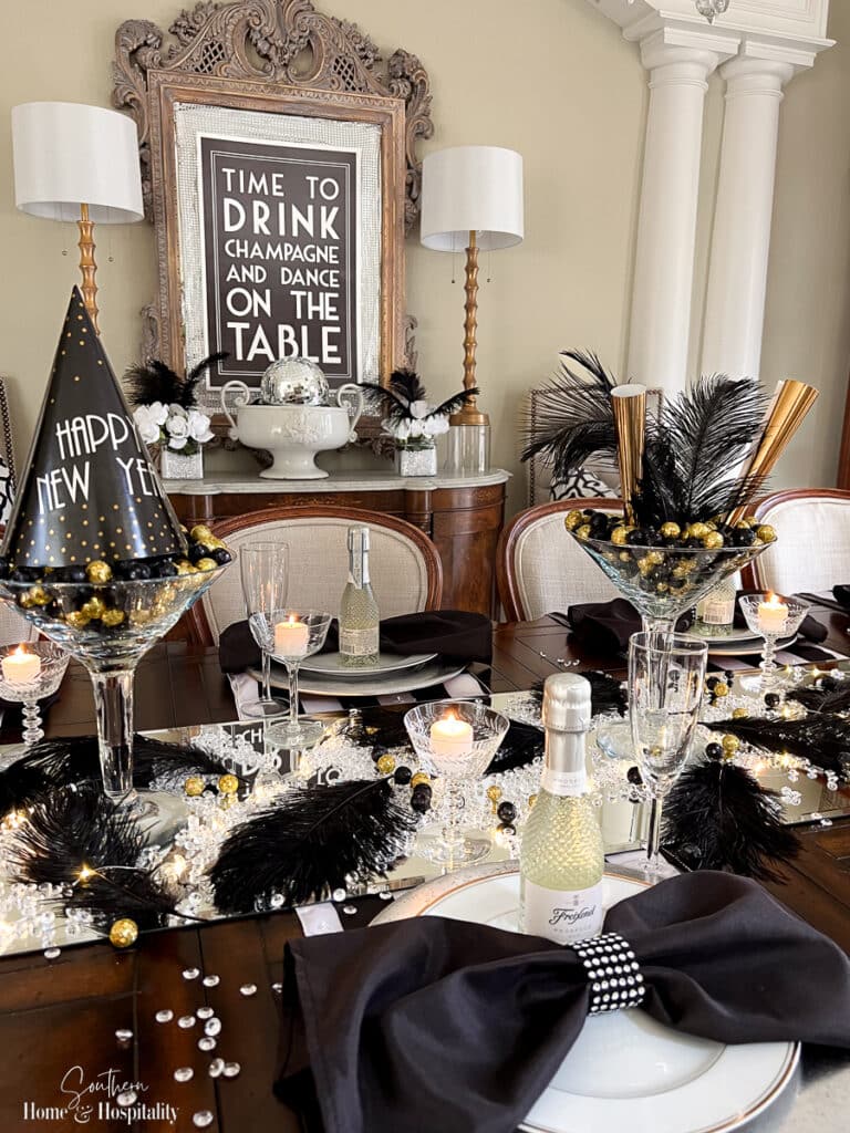Black bow napkins on New Year's Eve table