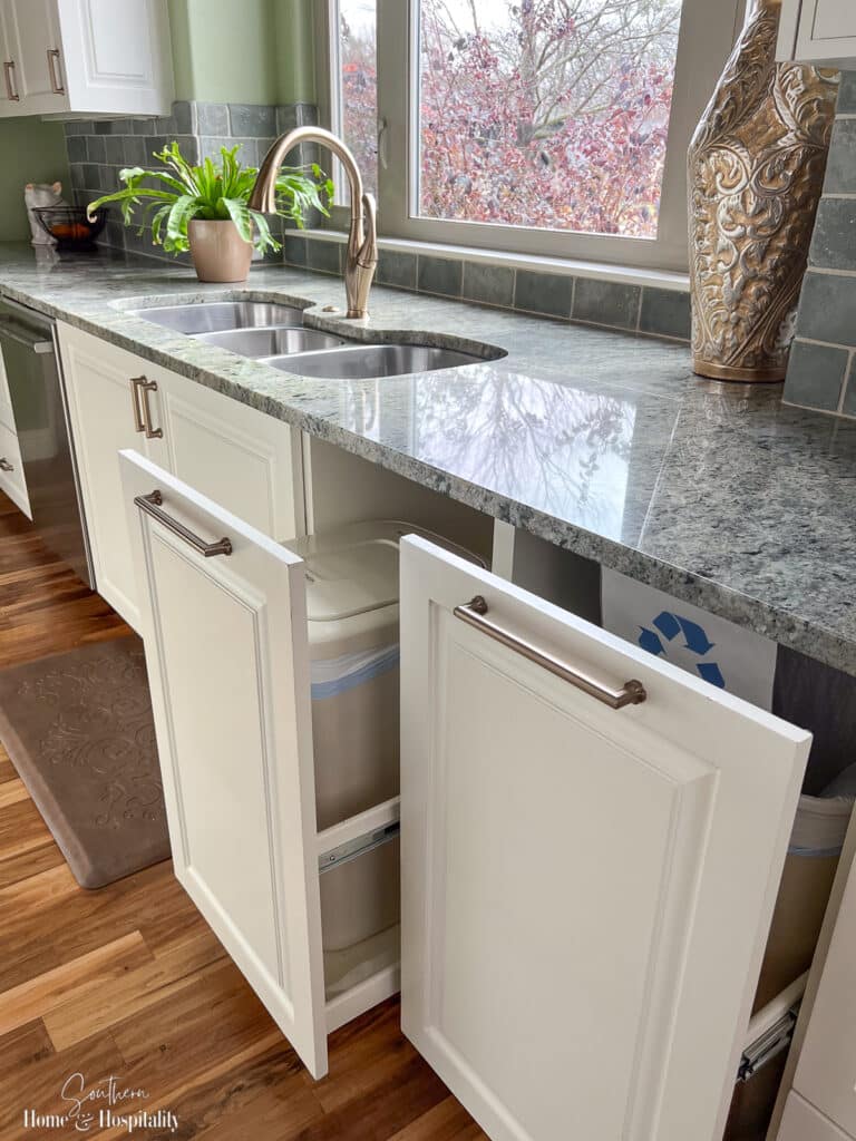 Trash pull out cabinets for garbage can and recycling bin