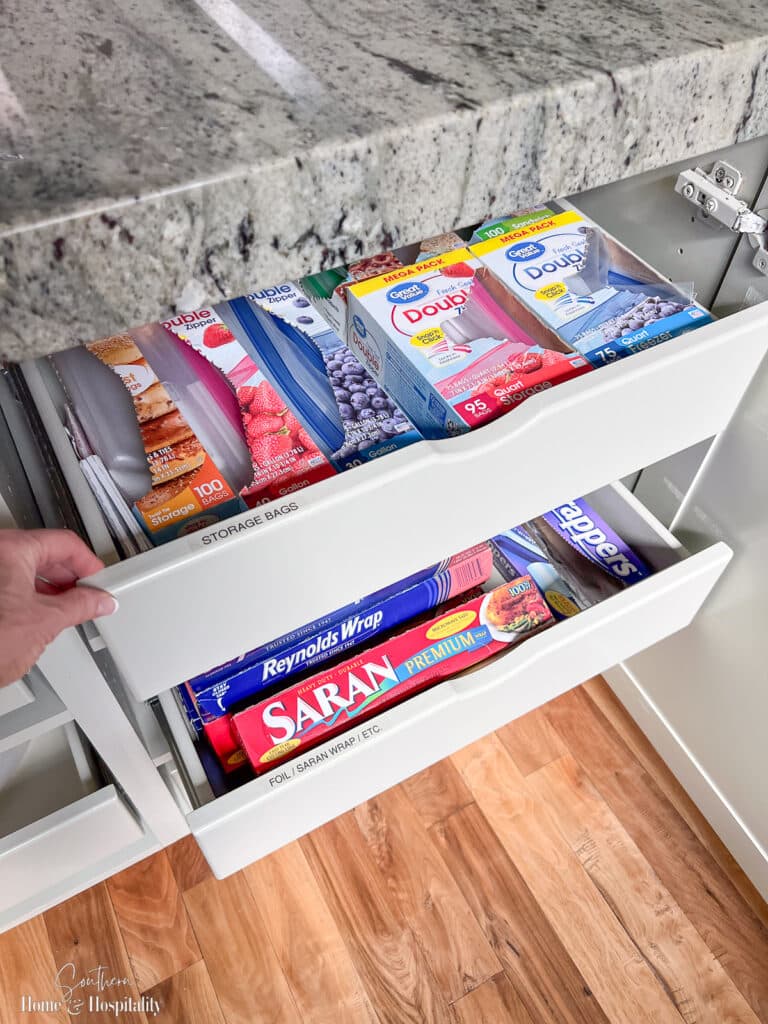 Pull out kitchen drawers for food storage bags and storage wraps